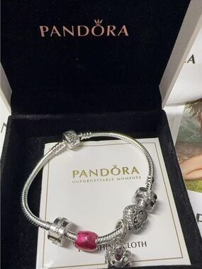 Pandora Silver Bracelet with Pink Murano and Silver Heart Charms